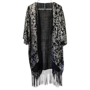 Design Lab Black Burnout Fringed Kimono Open Front Cardigan Plus Size Women XXL
